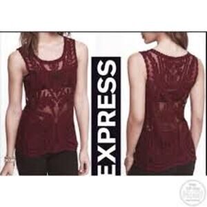 Express Sheer Lace Top Womens Medium Embroidered Whimsical Fairy Burgundy Blouse